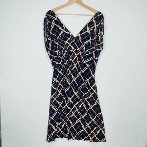 Cabi Blue Geometric Rayon Fit Flare Ruched Shoulder Pullover Dress Womens XL